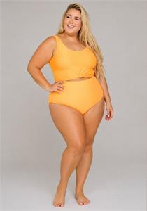 Knotted Front Neon Orange Rib Knit Tankini Top